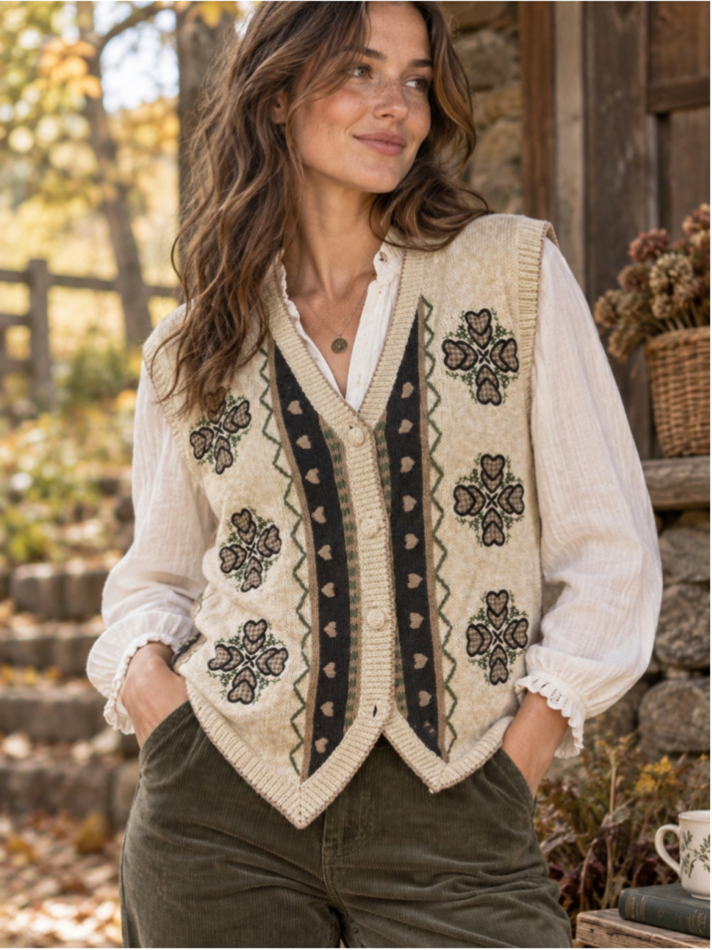 Christopher & Banks Vest Women L Hand Embroidered Grandmacore Cottagecore Beige